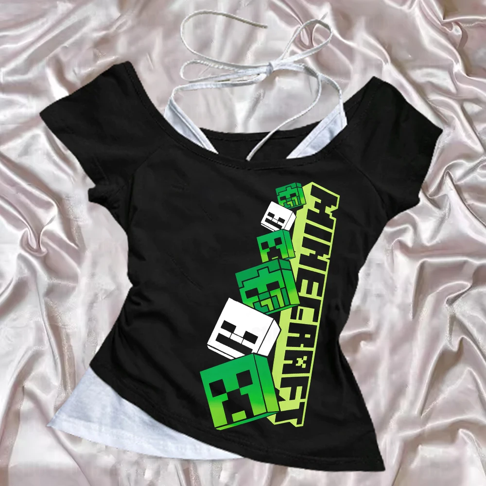 

Y2K summer new aesthetic retro short sleeved fashionable T-shirt for women's slim fit retro fashion suspender casual simple eleg