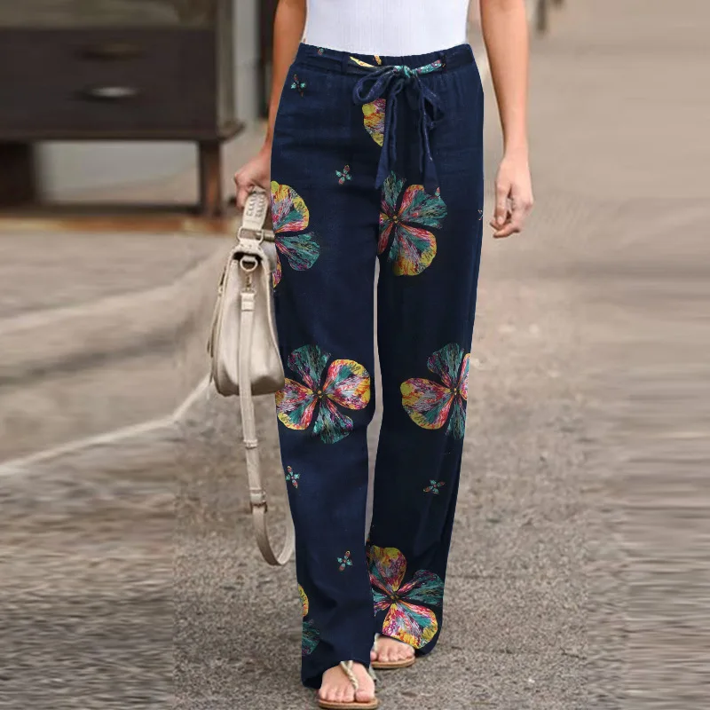 2023 New Summer Fashion Casual Simple Comfortable Elastic Waist Cotton Hemp Large Size Printed High Waist Wide Leg Pants
