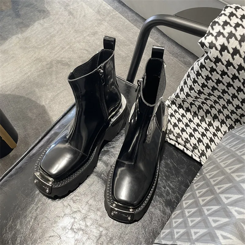 

Autumn Winter New Classic Fashion Motorcycle Boots Artificial Leather Thick Sole Metal Square Head High Heel Women's Naked Boots
