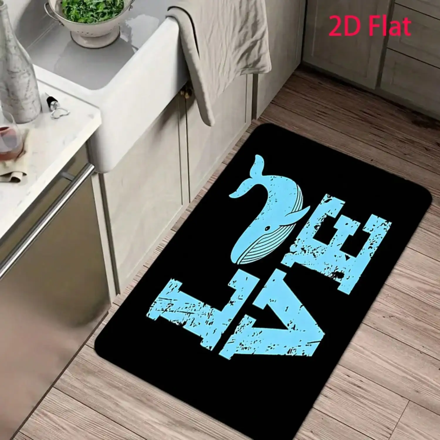 1pc Flannel Material Door Mat, Black Base Distressed LOVE Letters Replacing O With Light Blue Whale Creative Print Pattern, Pointed Plastic Bottom, Machine