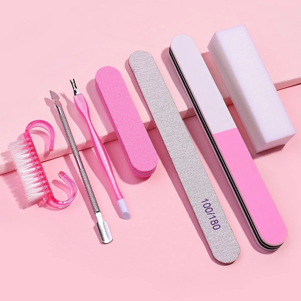 7Pcs Professional Manicure Kit Stainless Steel Cuticle Pusher File Buffer Block Dead Skin Fork Nail Brush DIY Nail Art Tools Set