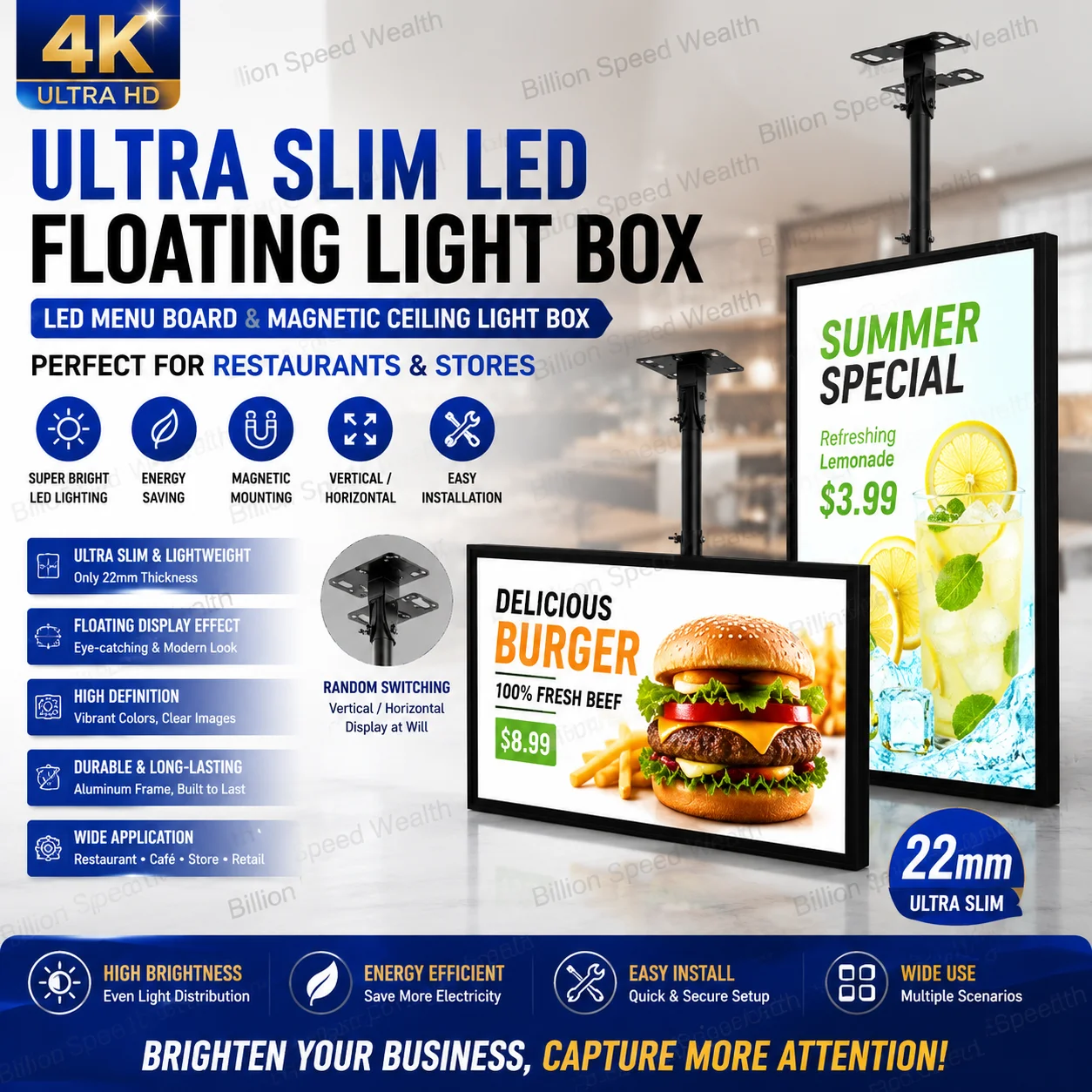 

Lighting ultra-thin LED floating lightbox, LED menu board, magnetic ceiling hanging lightbox, suitable for restaurants and shops