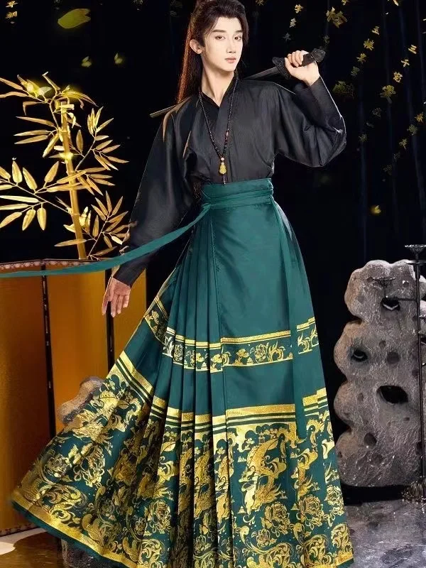 

New Chinese Hanfu Autumn Winter Men Women Ming Dynasty Gold Woven Horse Face Skirt Vintage Fashion Party Events Cosplay Clothes