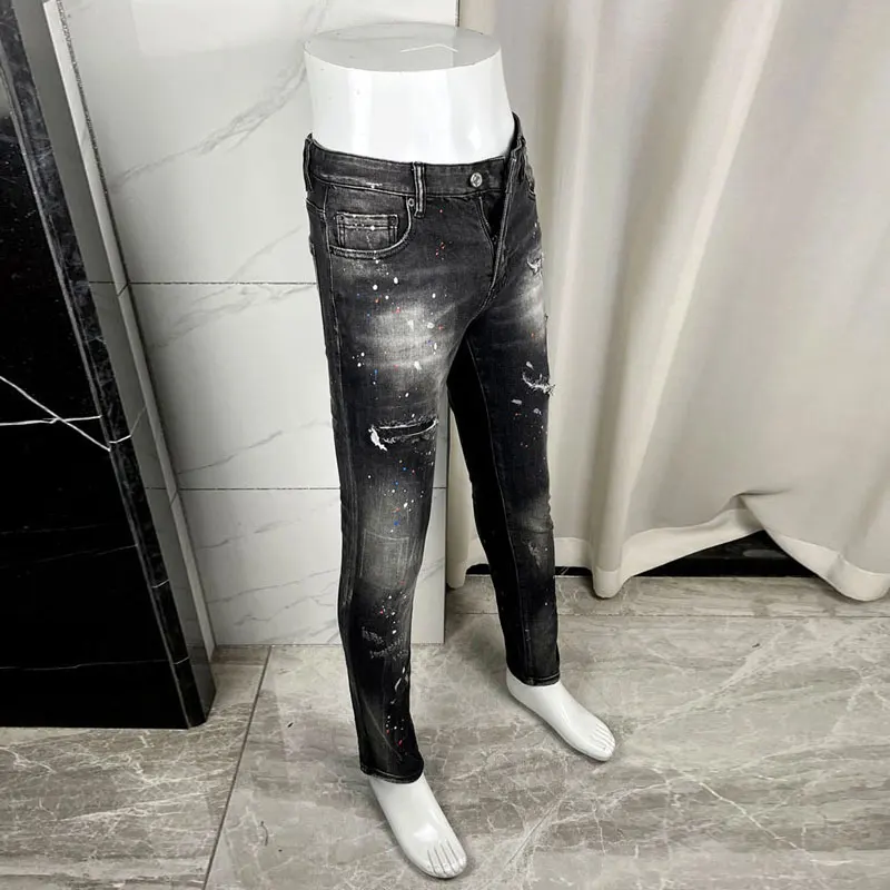 Y2k fashion new men's jeans painted, washed, distressed, elastic, slim fit black jeans, high street hip-hop brand pants, hombre