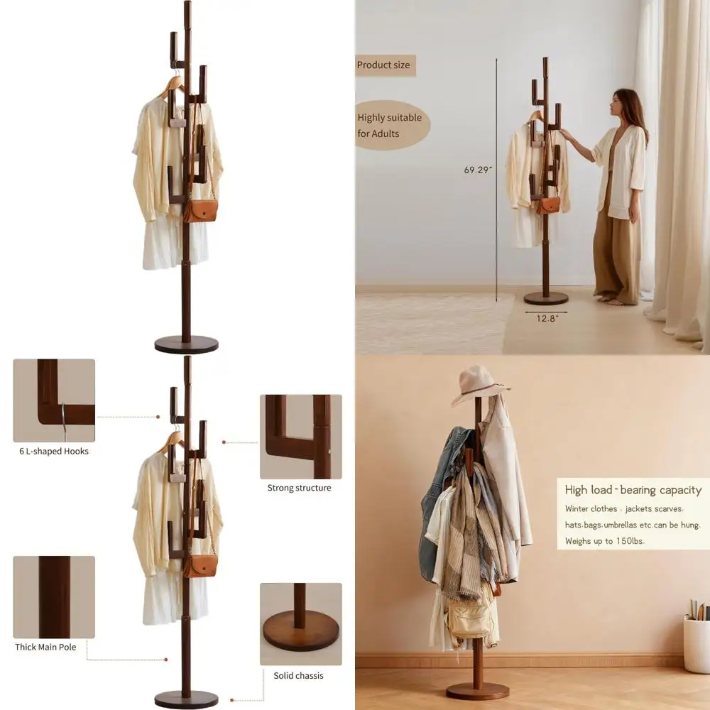 

Heavy Duty Modern Standing Freestanding Clothing Rack with 6 Hooks for Adults and Kids, Suitable for Bamboo Cactus Coat and Clot