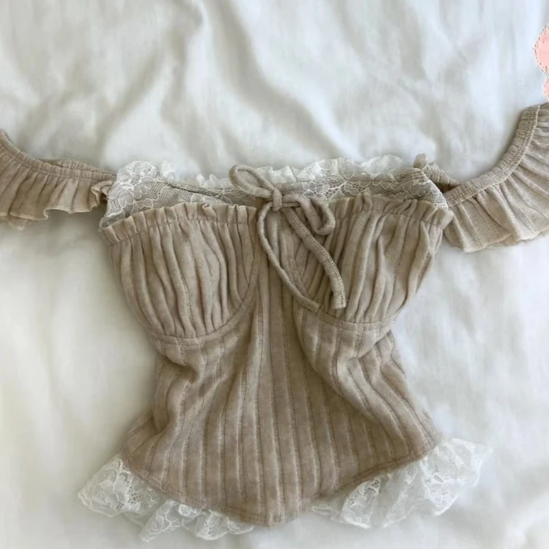 

Deeptown Sweet Sexy Lace T-Shirts Women Shoujo Girl Aesthetic Bow Crop Tops Korean Style Coquette Fashion Short Sleeve T-Shirts