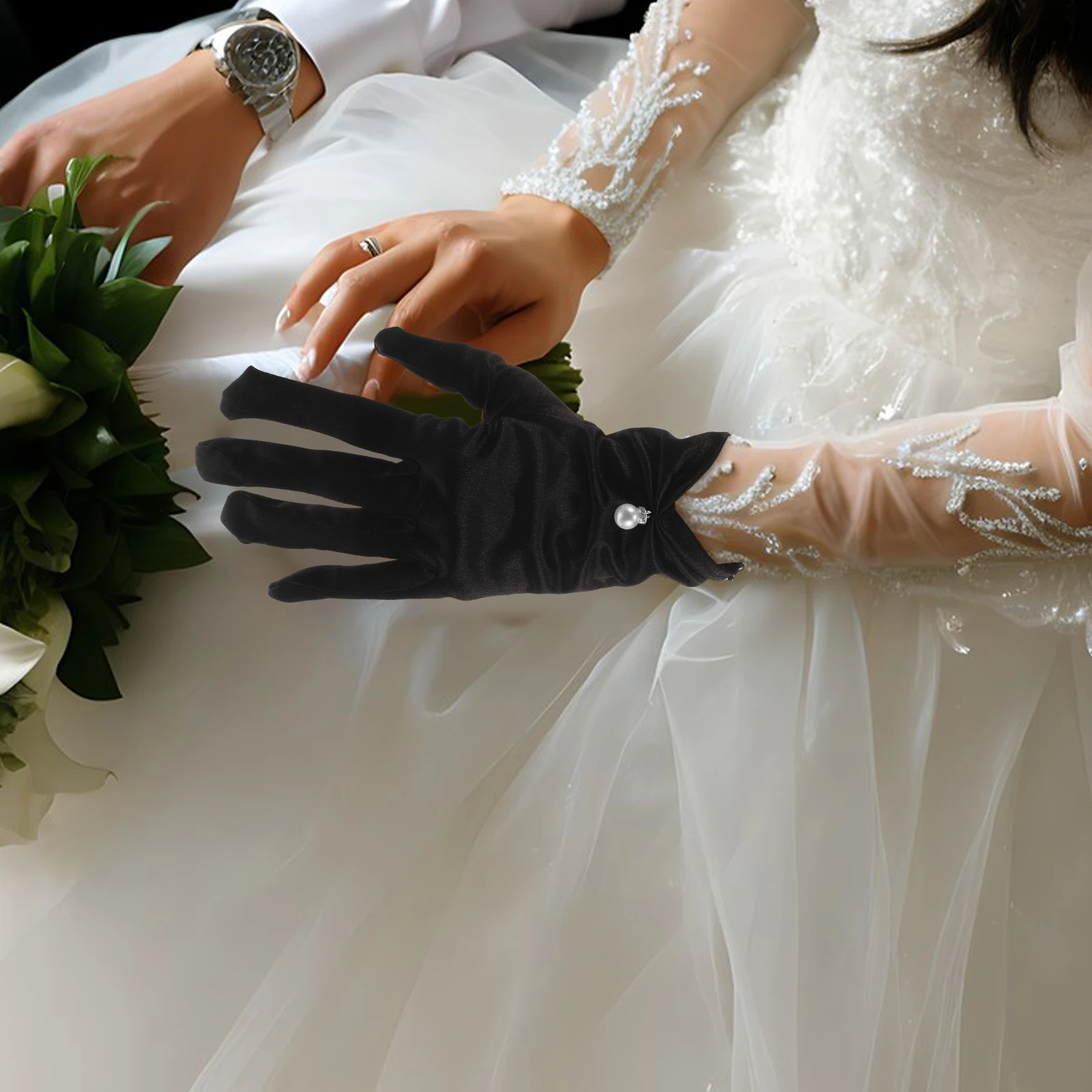 1 زوج قفازات الزفاف الساتان القصيرة للعروس أنيقة اللؤلؤ مزين طول المعصم ثوب مسائي رسمي اكسسوارات فستان أوبرا #2