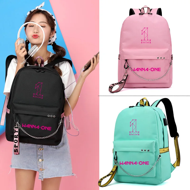 Wanna 1 Number One Printed Backpack School Bags Mochila Travel Bags Laptop Chain Backpack Headphone USB Port