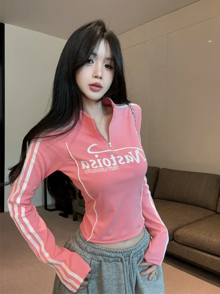 

Розовая повседневная спортивная футболка с длинным рукавом для женщин, весенняя, с воротником-стойкой, базовая, для йоги, фитнеса, тренажерного зала, толстовка