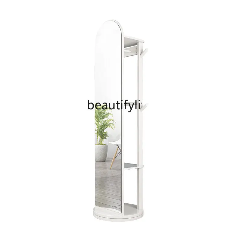 yj Clothes Rack Floor Coat Rack Solid Wood Storage Rack with Full-Length Mirror Rotating Hanging Clothes Rack