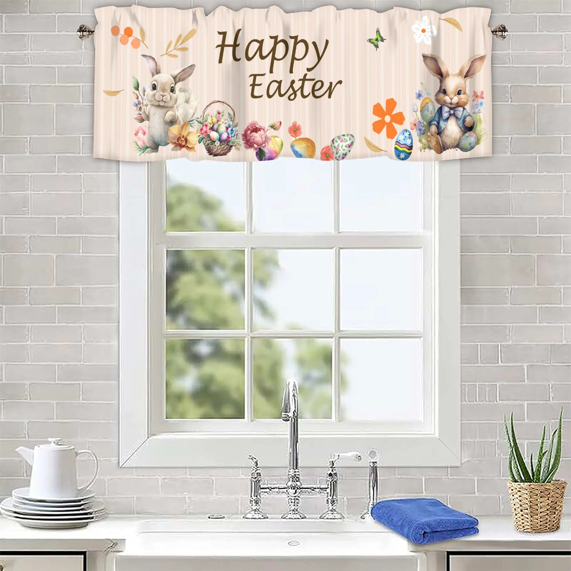 Happy Easter Valance for Windows Floral Eggs Curtains Valances Rod Pocket Valance Window Treatments Short Curtains