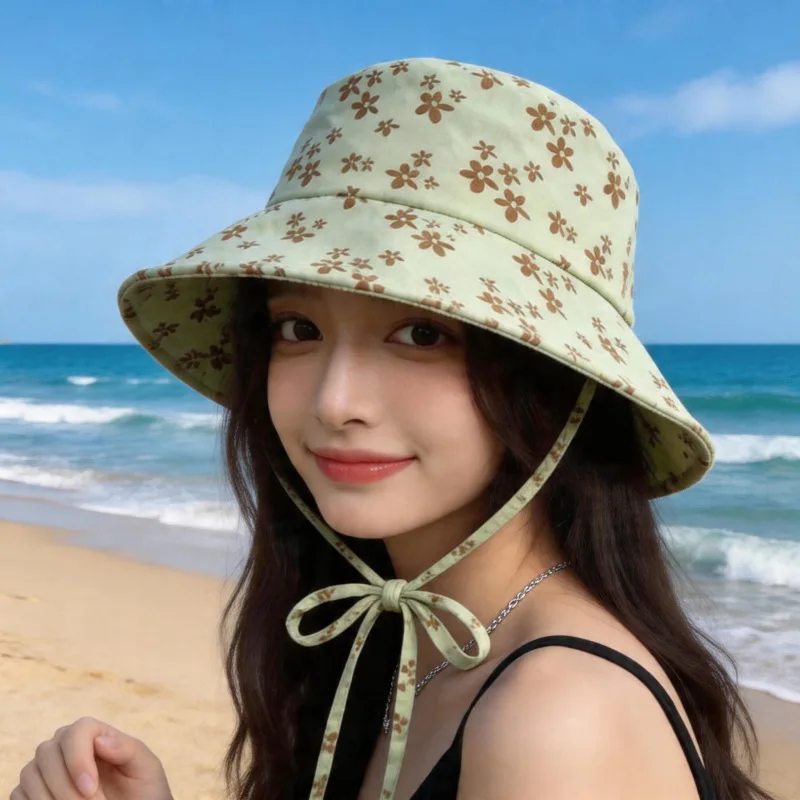 Women's Floral Print Bucket Hat, Adjustable Sun Protection Cap with Tie String, Summer Casual Beach Hat