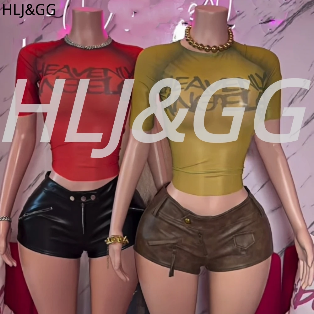 

HLJ&GG Y2K Fashion Letter Hot Girl Streetwear Women O Neck Short Sleeve Slim Crop Top And Leather Shorts Two Piece Sets Outfits