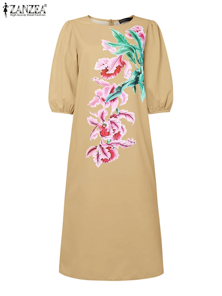 Elegant Women Dresses 2025 ZANZEA Summer Sundress Fashion O Neck 3/4 Sleeve Work Vestidos Bohemain Printed Holiday Midi Dresses