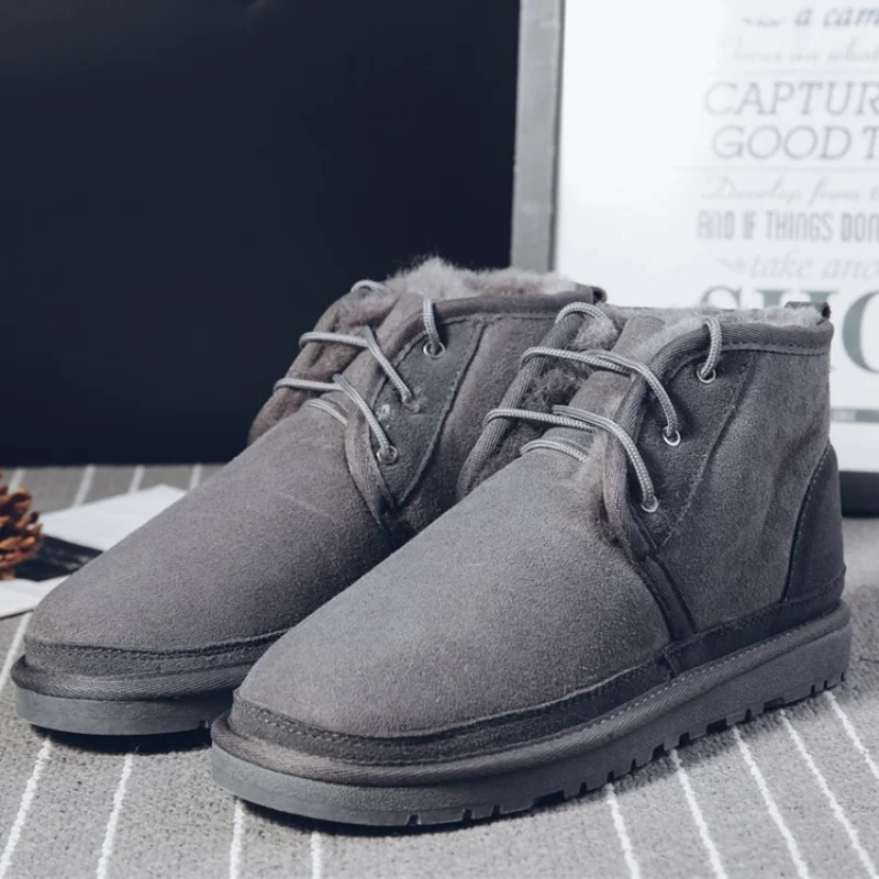 Fashion Lace up Men's Snow Boots Real Sheepskin Leather Winter Boots 100% Natural Fur Wool Ankle Boots Warm Winter Shoes