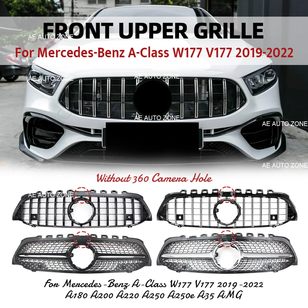Black Silver Front Bumper Grille For Mercedes-Benz A-Class 2019-2022 W177 A180 A200 A220 A250 A35 GT Diamond Style Grill W/Star