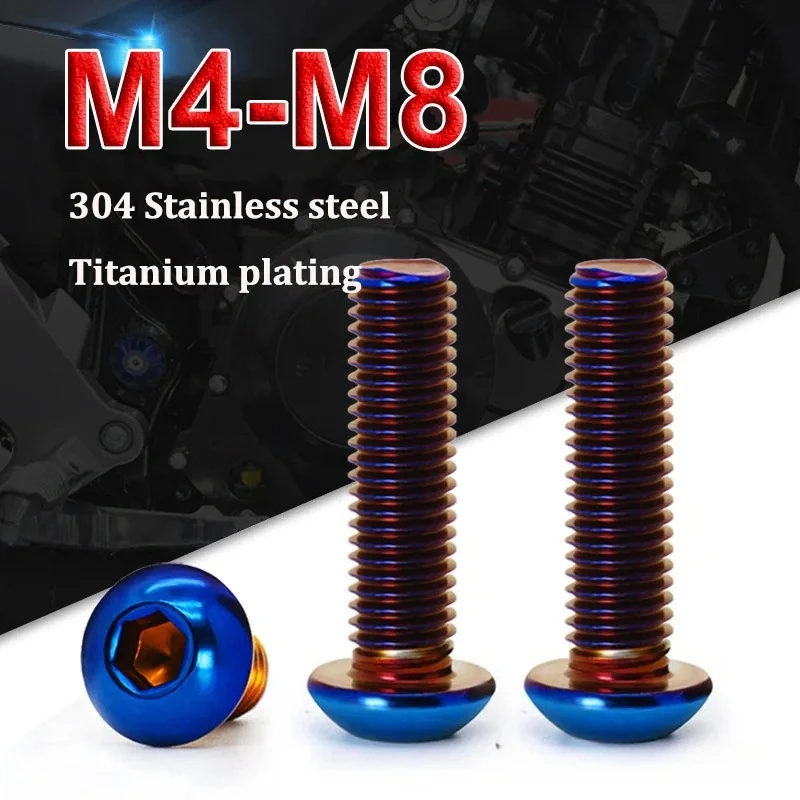 2pcs M4-M8 Half Round Head Motorcycle Modification Screw 304Stainless Steel Titanium Plating Blue Mushroom Head Hex Socket Screw