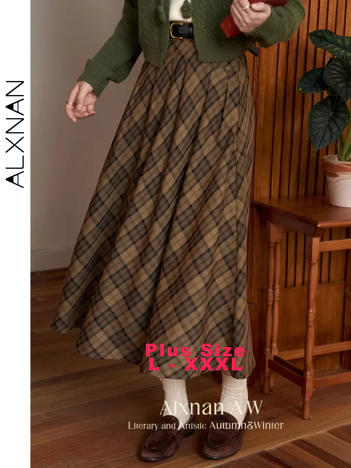 

ALXNAN Vintage Plaid Plus Size Skirts for Women A-line High Waist Slim Midi Skirt Fall Winter Bottoms Sold Separately D06516BSQ