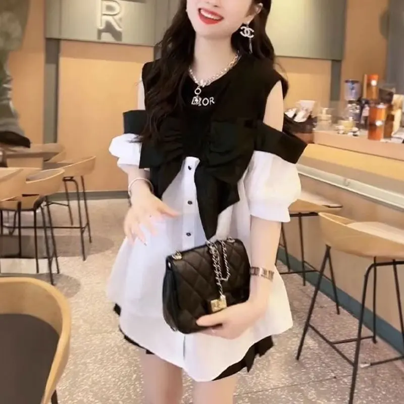 Commute Fashion Off Shoulder Bow Shirt Summer Short Sleeve Female Clothing Single-breasted Korean Round Neck Patchwork Blouse