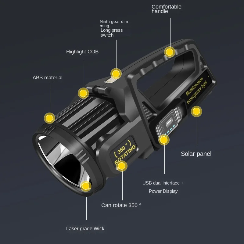 회전식 태양열 탐조등, 휴대용 캠핑 텐트, 강력한 고출력 조명, LED 손전등, 휴대폰 비상 보조배터리캠핑랜턴태양열 충전 손전등캠핑 용품캠핑 여행과 낚시에 사용강력한 손전등충전랜턴파워뱅크220v 한국형태양광충전식 led 야외조명파워뱅크태양광 휴대폰충전태양열 등캠핑용품캠핑 조명캠핑랜턴캠핑랜턴텐트조명작업등캠핑용품신기한것텐트led 조명낚시용품야외조명캠핑 라이트
