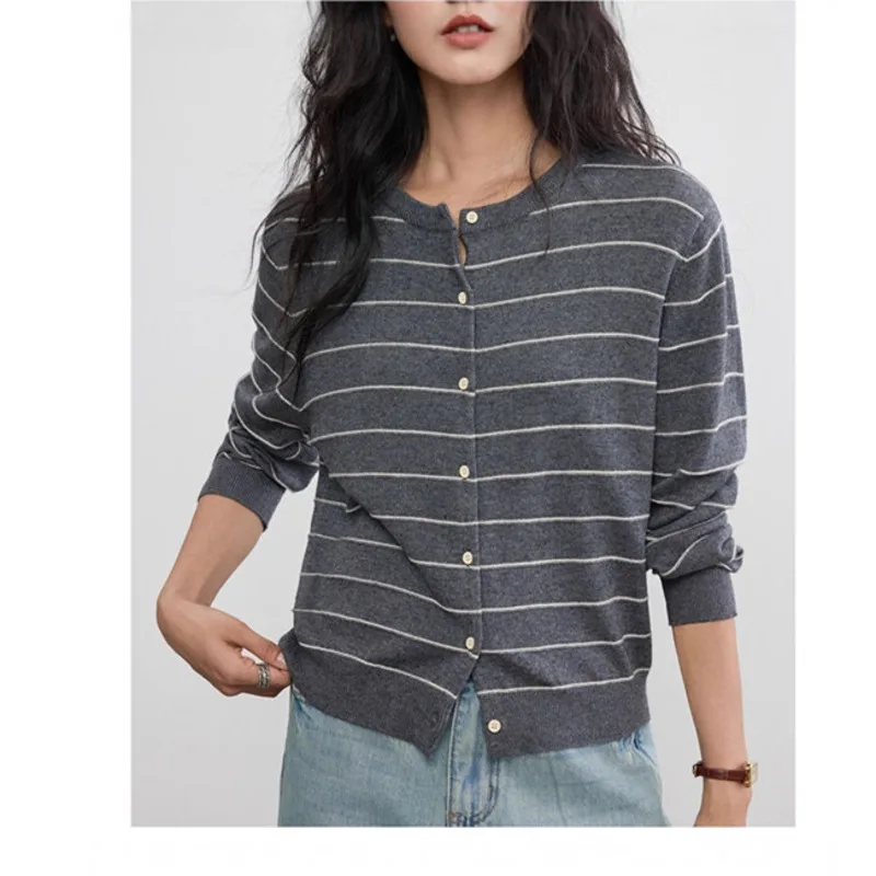 

Autumn Striped Sweater Cardigan Women 10%Wool Round Neck Color-block Single Breasted Korean Knitwear