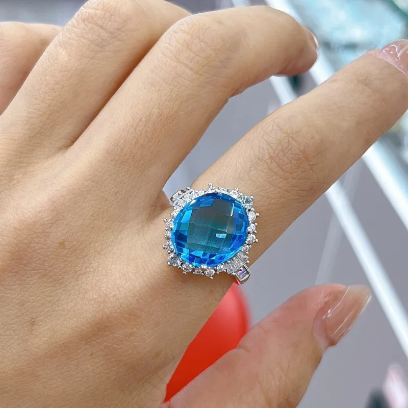 SACEGEMS 925Sterling Silver 10*12mm Natual Swiss Blue Topaz Luxury Rings for Women Created Wedding Engagement Party Fine Jewelry