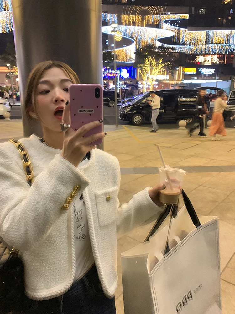 Short Women's Woolen Coat White Button up Korean Style Slim Fit Commute Fashion Small Size Autumn Winter New Arrival