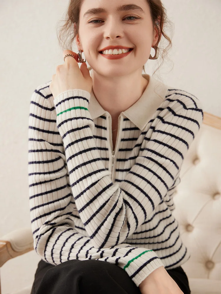 Gola polo feminina macio quente preto branco listrado pulôver 100% camisola de caxemira outono inverno simples moda roupas topos