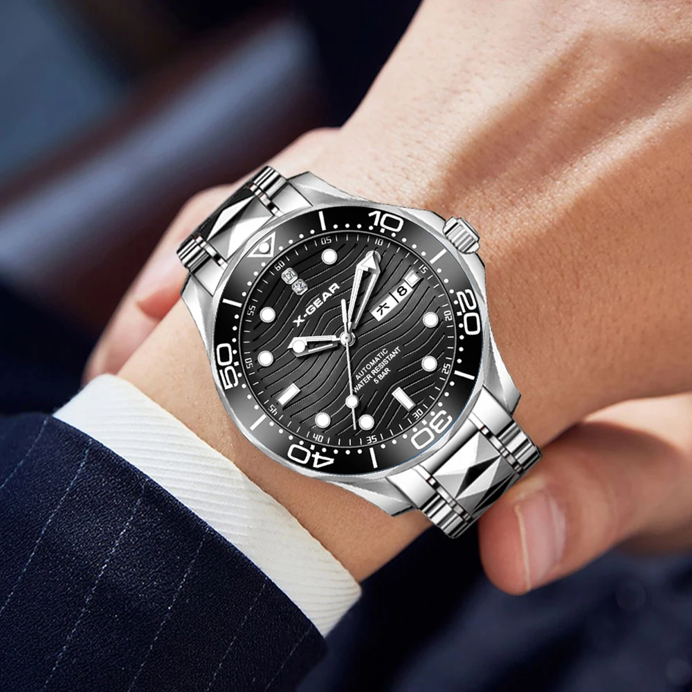 

Мужские механические часы с функцией календаря, водонепроницаемый светящийся керамический безель, стальной ремешок