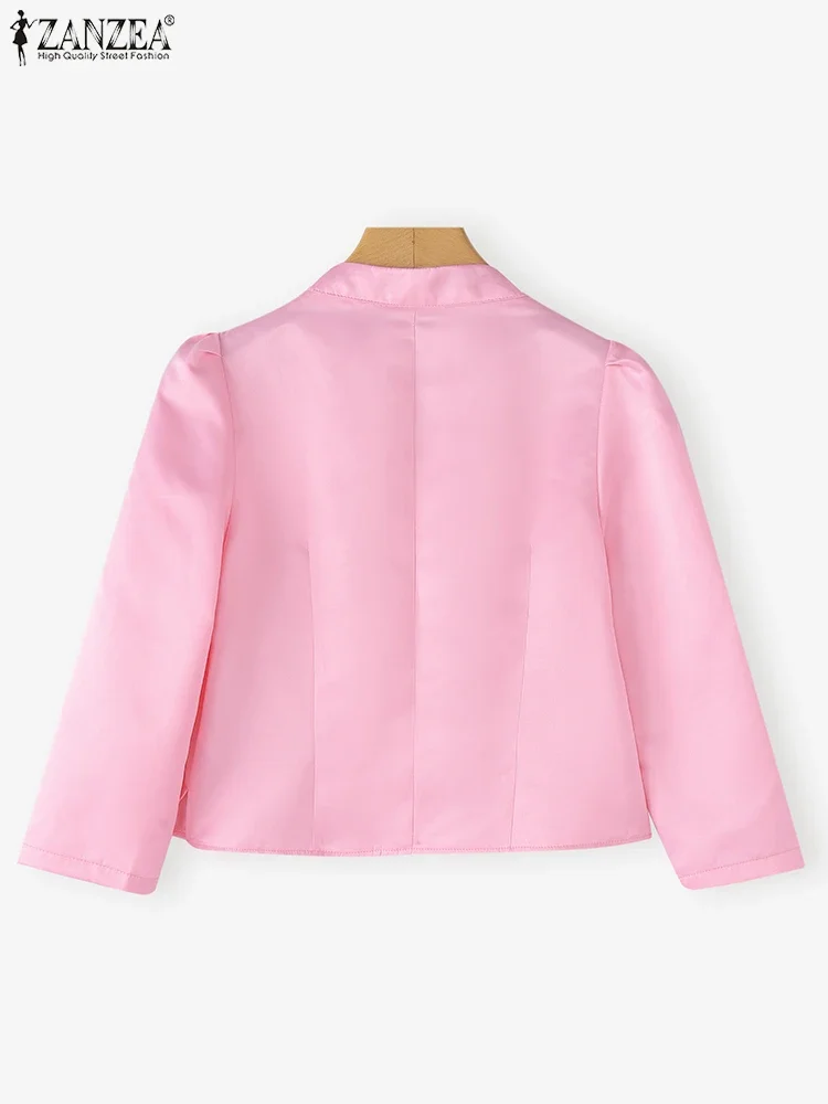 ZANZEA 2025 Elegant Women Satin Shirts Autumn Puff Sleeve Blouse Fashion V-Neck Button Up Solid Tunic Tops Casual Party Blusas