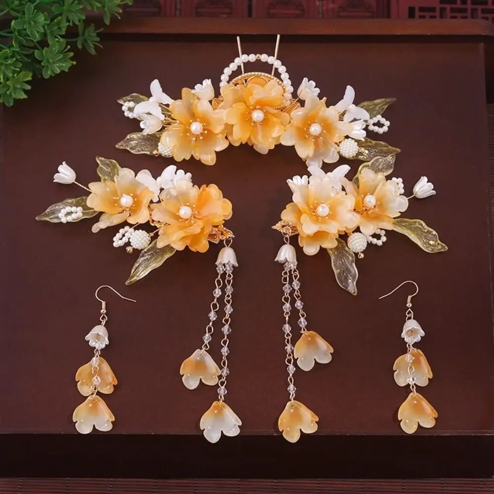 

Retro Tassel Chinese Style Hairpin Set Pearl Earring Hanfu Hair Stick Alloy Headwear Flower Hair Comb Girl Hair Accessories