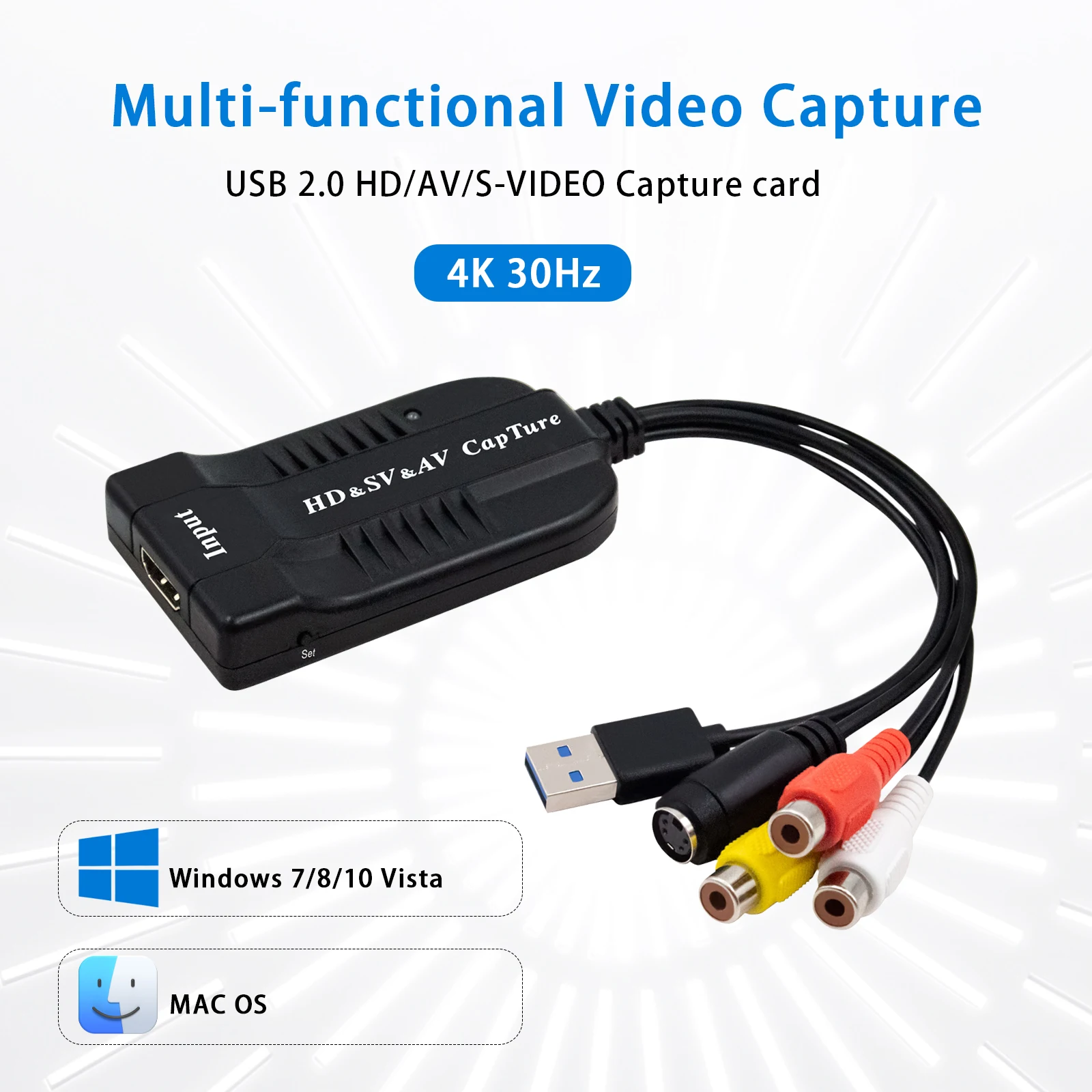 4K USB 2.0 HD/AV/S-VIDEO Capture card，1080P 30fps VHS Audio and Video Recording Capture Device to Digital Converte