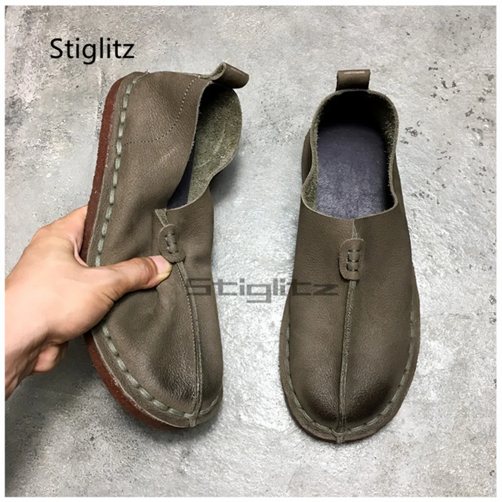 

Breathable Men's Cowhide Flat Casual Shoes Retro Soft Leather Round Toe Versatile British Style Slip-On Comfortable Lazy Shoes