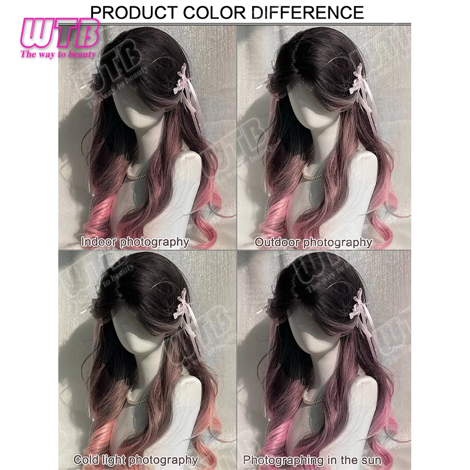 WTB Pink Highlighted Synthetic Wig Long Curly Wig with Lace Front and Bangs Suitable for Women's Holiday Events and Cosplay - view 5