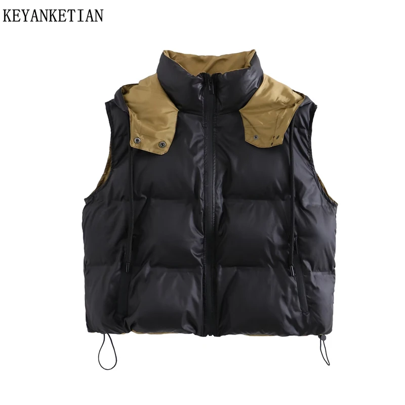 

KEYANKETIAN 2025 Winter New Women's Hooded Cotton Padded Jacket Vest Leisure style Contrast Color Zipper Sleeveless Camisole Top