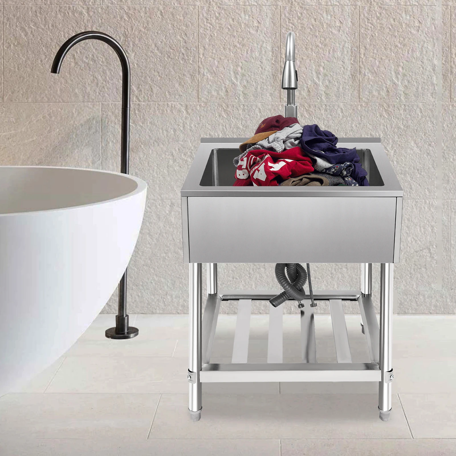 

Silver Freestanding Sink(Stable&Space-Saving) - Thickened Round/Square Tubes+Screw-Reinforced Connection&Stable Support
