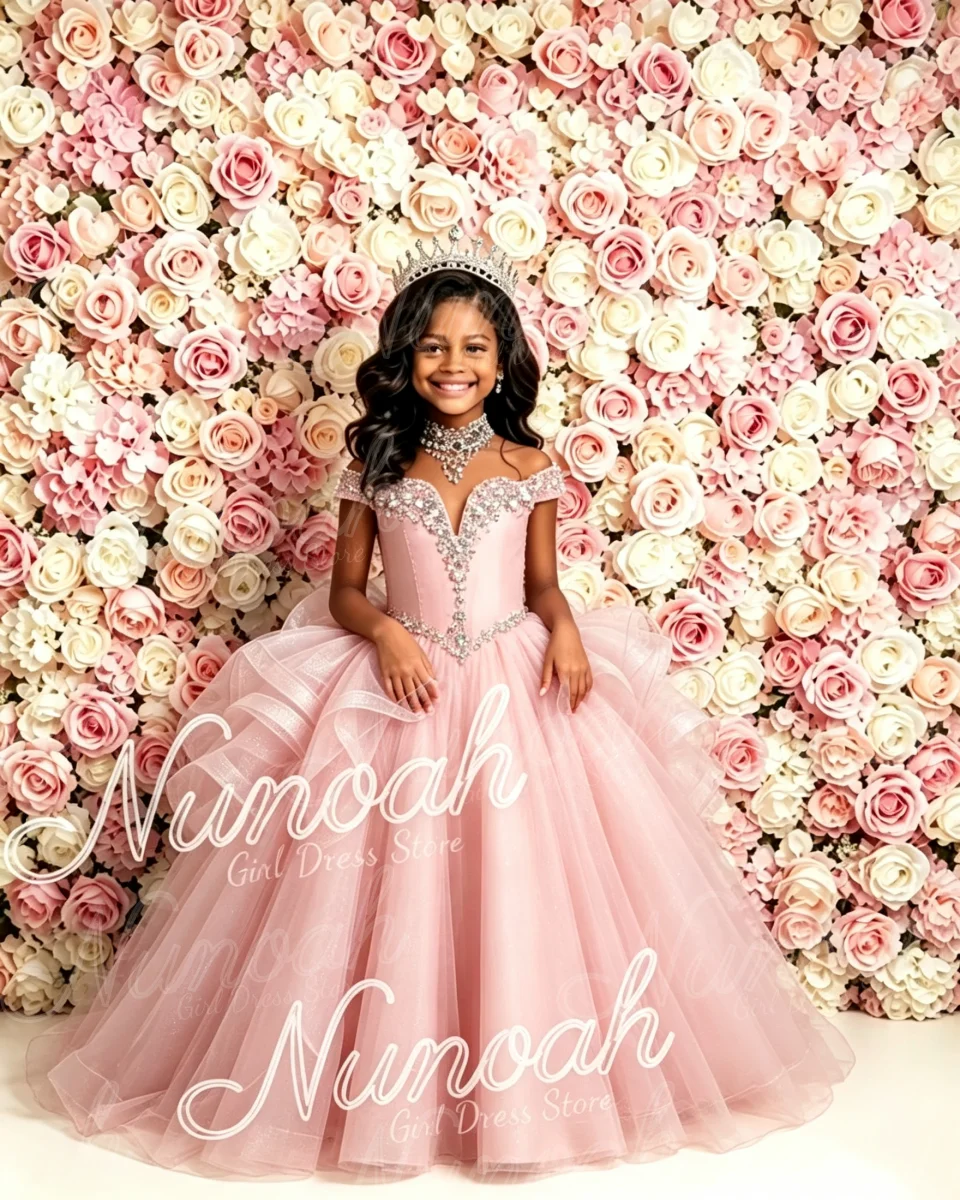 Luxury Pink Girls Birthday Pageant Dress Ruffles Train Sparkling Rhinestone Kids Formal Prom Flower Girl Dress for Wedding
