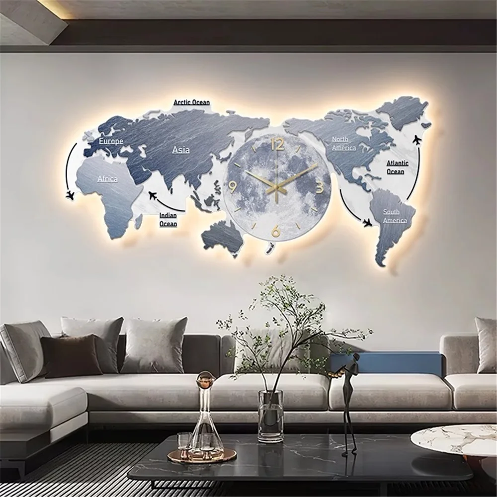 Nordic Minimalism World Map Clock Led Wall Lamp Living Room Mural Sofa Background Hanging Painting Study Office Cafe Night Light