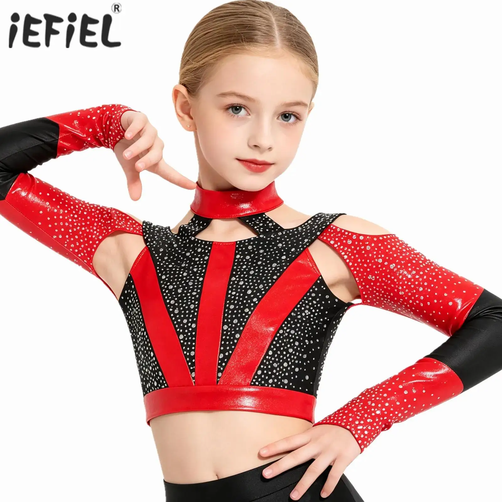 

Kids Girls Gymnastics Acrobatics Ballet Dance Tops Performance Costume Long Sleeve Shiny Rhinestone Cross Back Cutout Crop Top