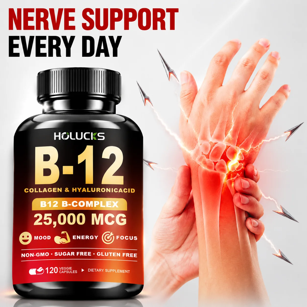Organic Vitamin B12 Complex Capsules, for Brain & Heart Function Health, Memory, Learning, Focus, Daily Metabolism, Energy