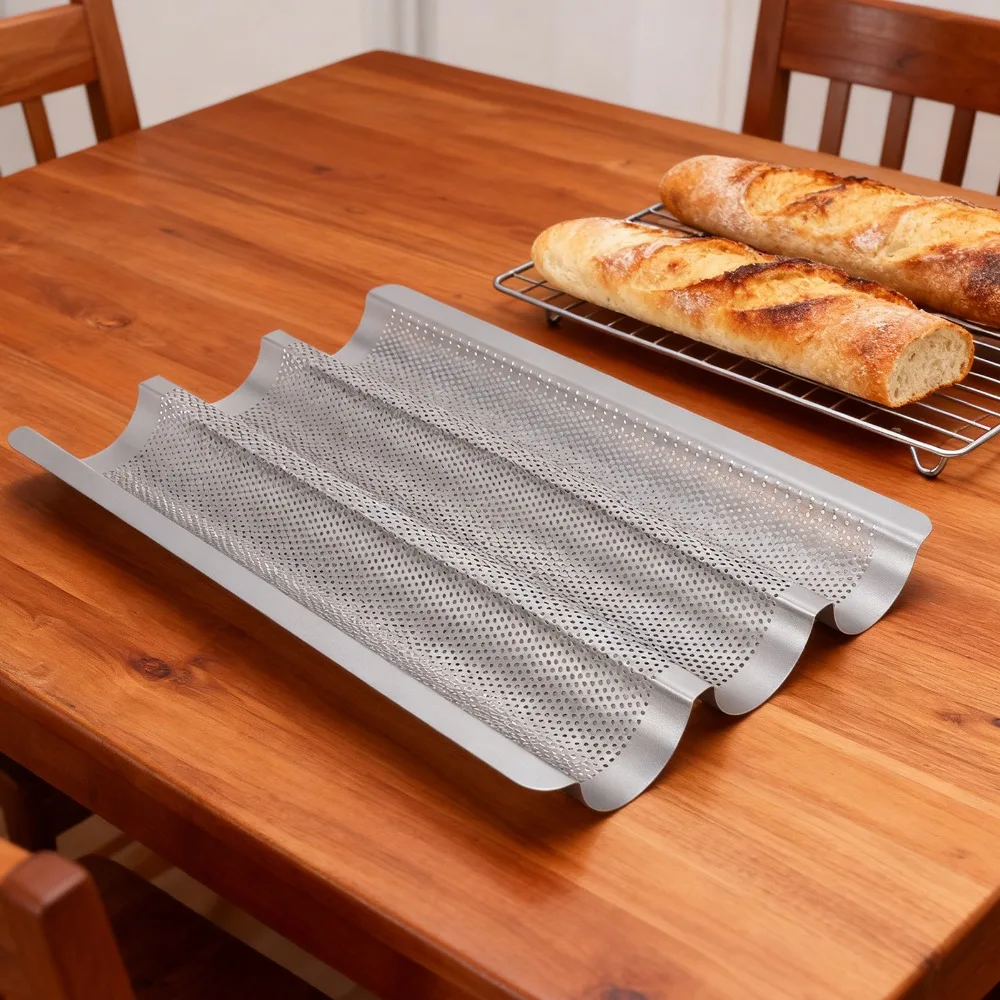 2PCS Carbon Steel Baguette Baking Pan Three Channel Nonstick French Bread Pan Rounded Corner Perforated Baguette Mold