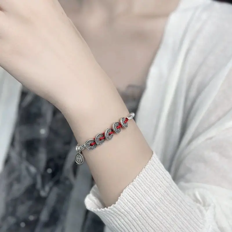 

Стерлингового Серебра пять императоров монета бамбуковый браслет тыква символ пара ювелирных изделий унисекс фэн-шуй подарок ручной работы дизайн нишевый шарм