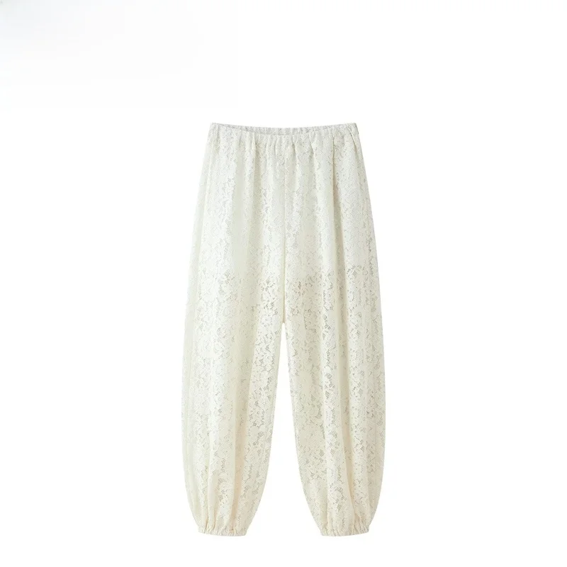 New Women's Fashion Lace Elastic Waist Loose Pants Versatile Elegant Style Cross-Border Quality Polyester Fiber Casual Trousers