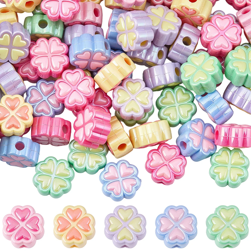 100Pcs 4 Leaf Clover Bead Good Luck Beads Bulk Random Mixed AB Colorful Resin Clovers Shaped Saint Patricks Shamrock Spacers