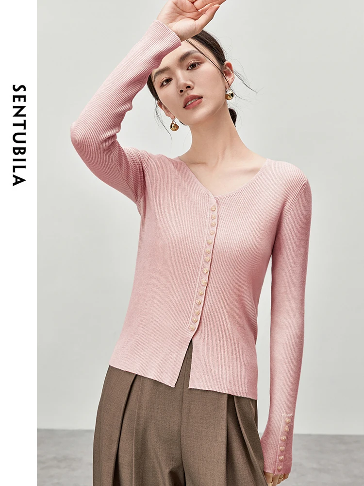 

SENTUBILA простой шерстяной вязаный кардиган для женщин, осень 2022, новый однобортный топ с длинными рукавами, женская одежда W43H56367