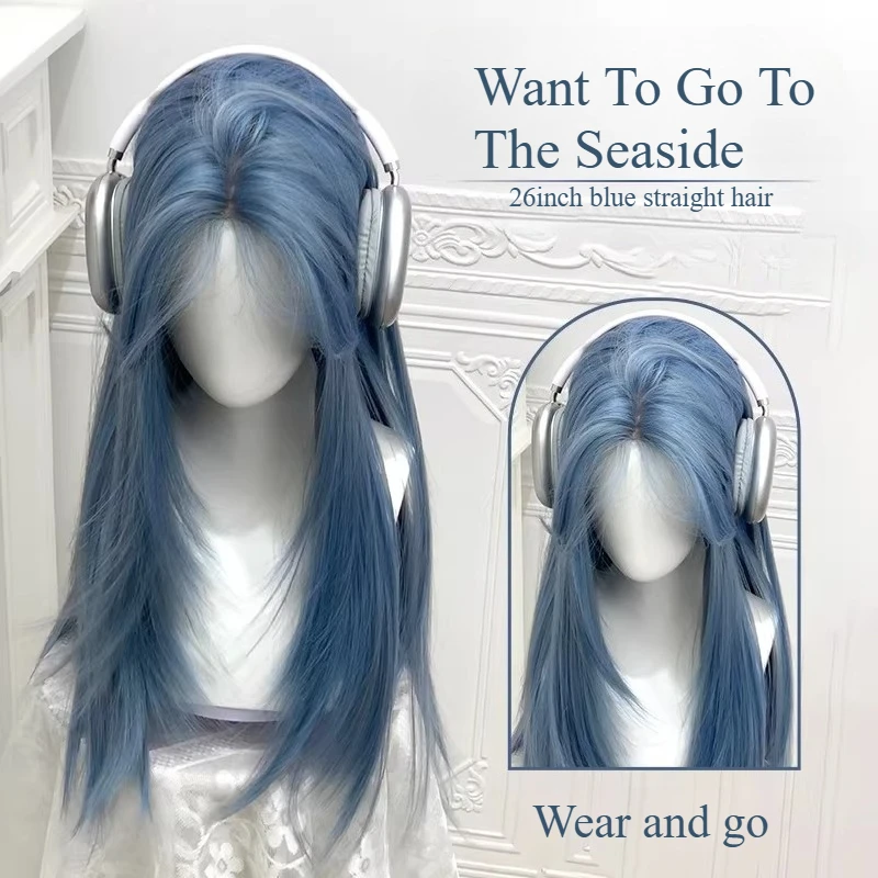 

Blue Wig for Women 26inch Long Straight Hair Wigs Nature Looking High Quality Want To Go To The Seaside Synthetic Wigs Cosplay