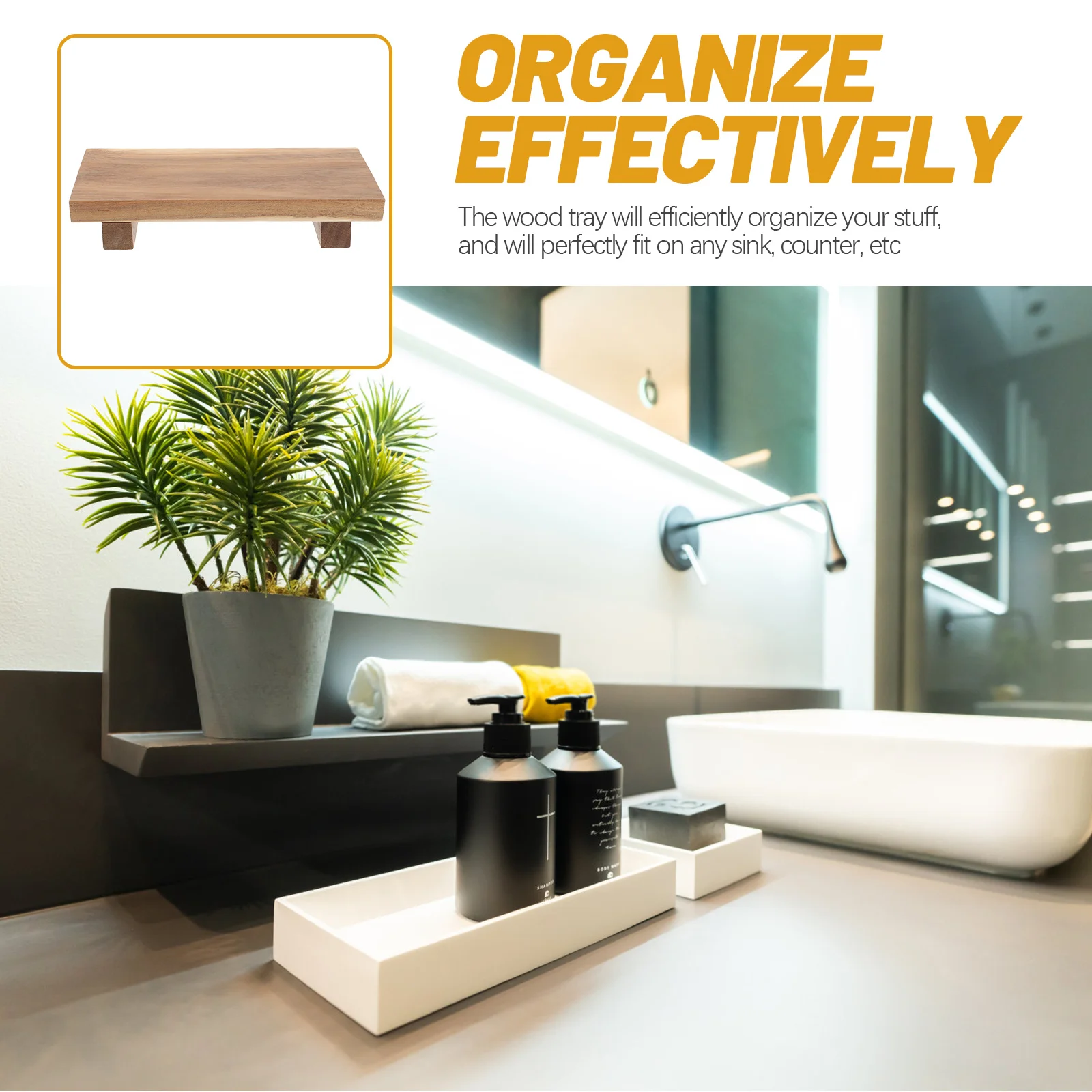 

Wood Pedestal Stand Rectangular Wood Tray Space-Saving Display for Bathroom Kitchen Soap Towels Planter Decorative