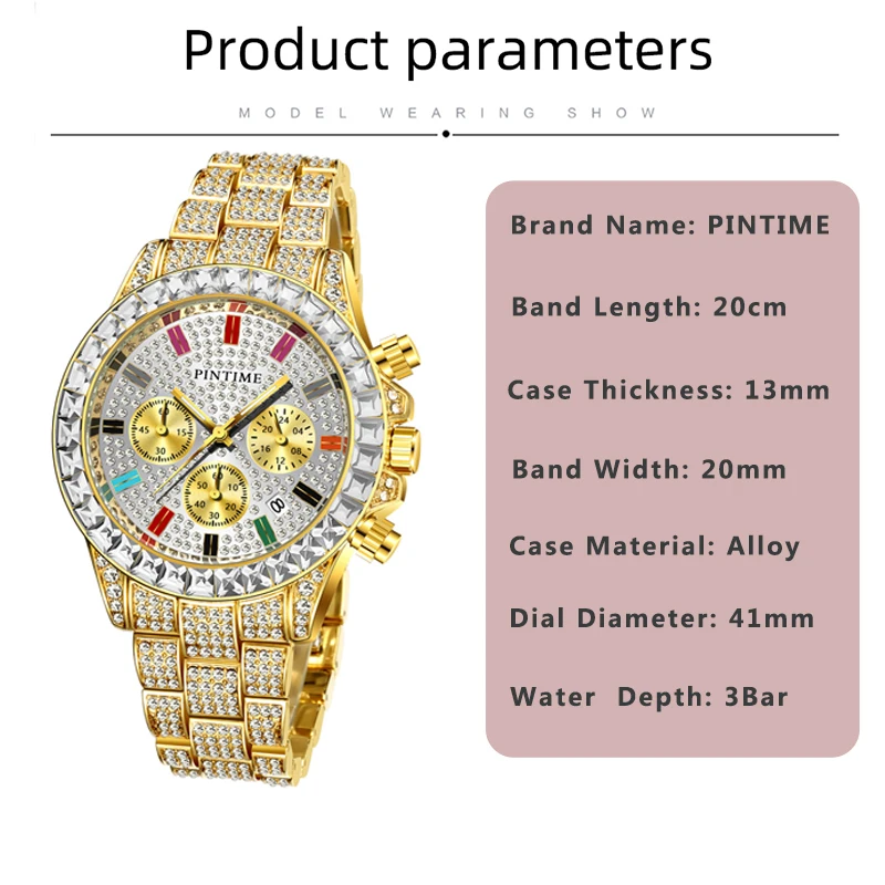 PINTIME Watches for Men Colour Diamond Ice Out Chronograph Bling Hip Hop Quartz Wristwatch Stainless Steel Buckle Waterproof 30M