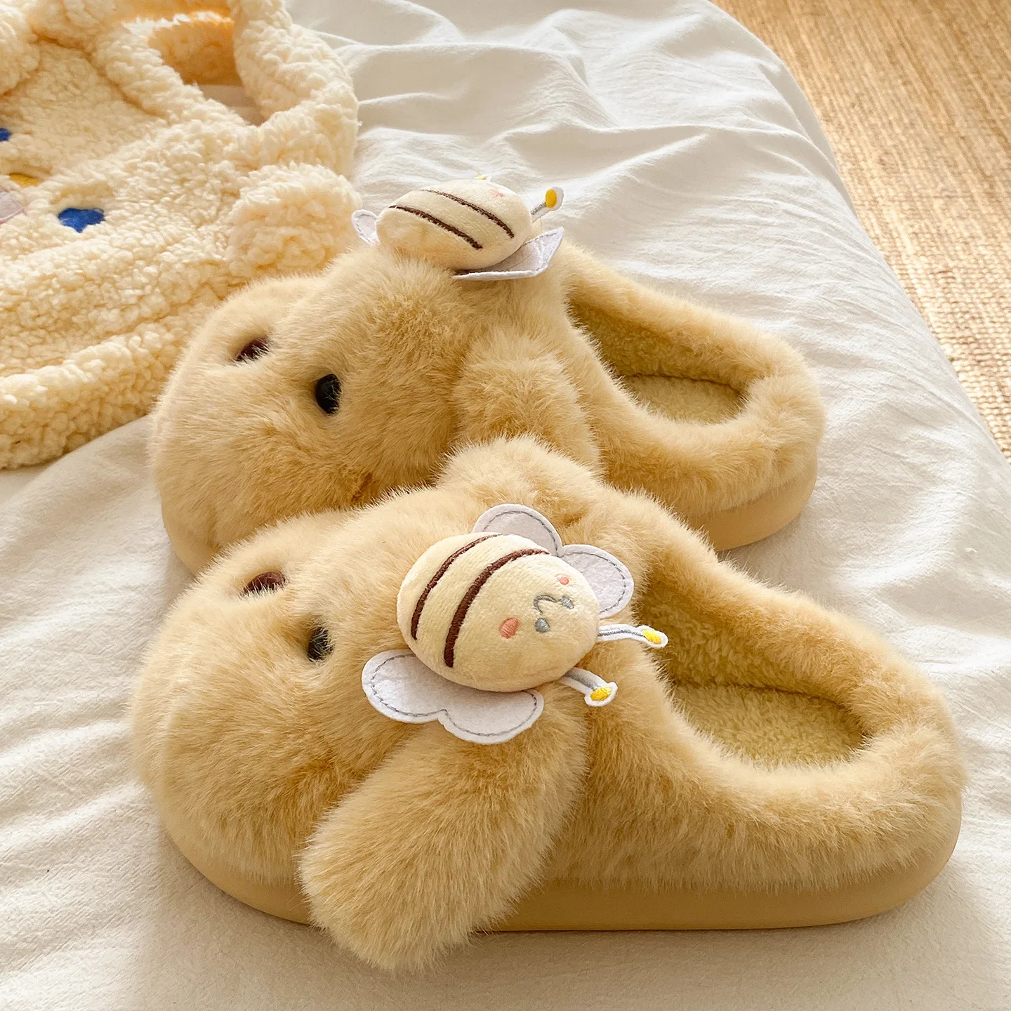 Women's Winter Cute Rabbit Bee Plush Slippers Thick Sole Warm Non Slip Indoor Home Fluffy Slippers for Women