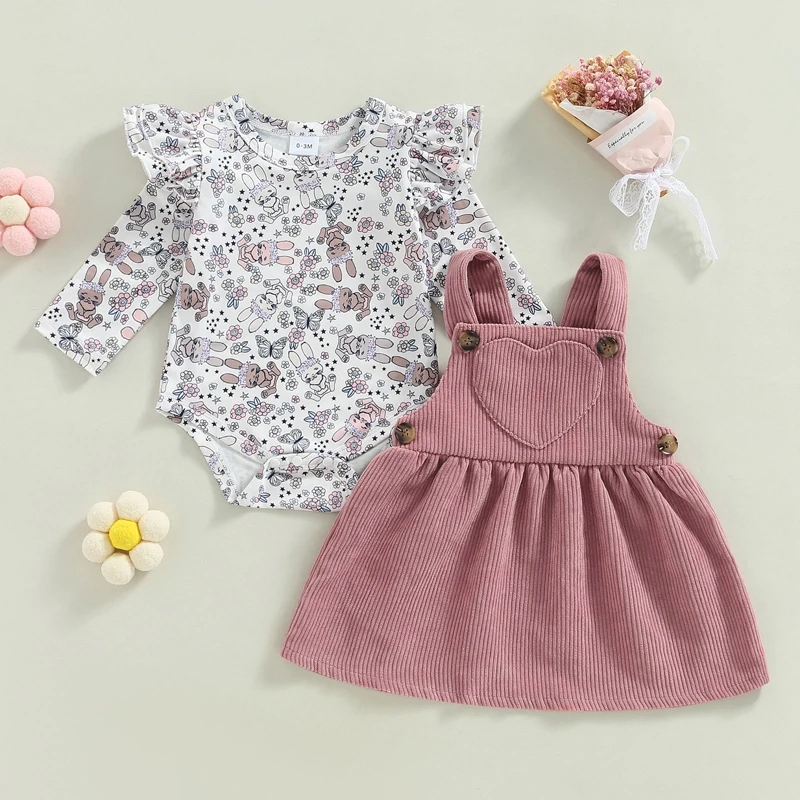 EWODOS Newborn Toddler Baby Girls Sweet Dress Set Outfit Long Sleeve Rabbit Flower Print Romper Heart Patchwork Suspender Dress